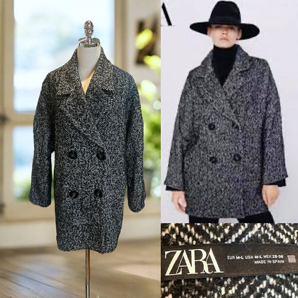 ZARA Double Breasted Herringbone Tweed Wool Coat Overcoat Size M L